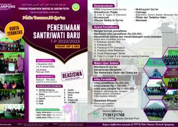 PPTQ Putri Dewan Da’wah Lampung Membuka Pendaftaran Santriwati Baru Tahun Pelajaran 2022-2023